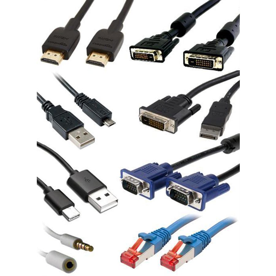 Cavi HDMI, DVI, USB, VGA, audio e rete Ethernet per connessioni e trasferimenti dati. Cavi HDMI, DVI, USB, VGA, audio e rete Ethernet per connessioni e trasferimenti dati.